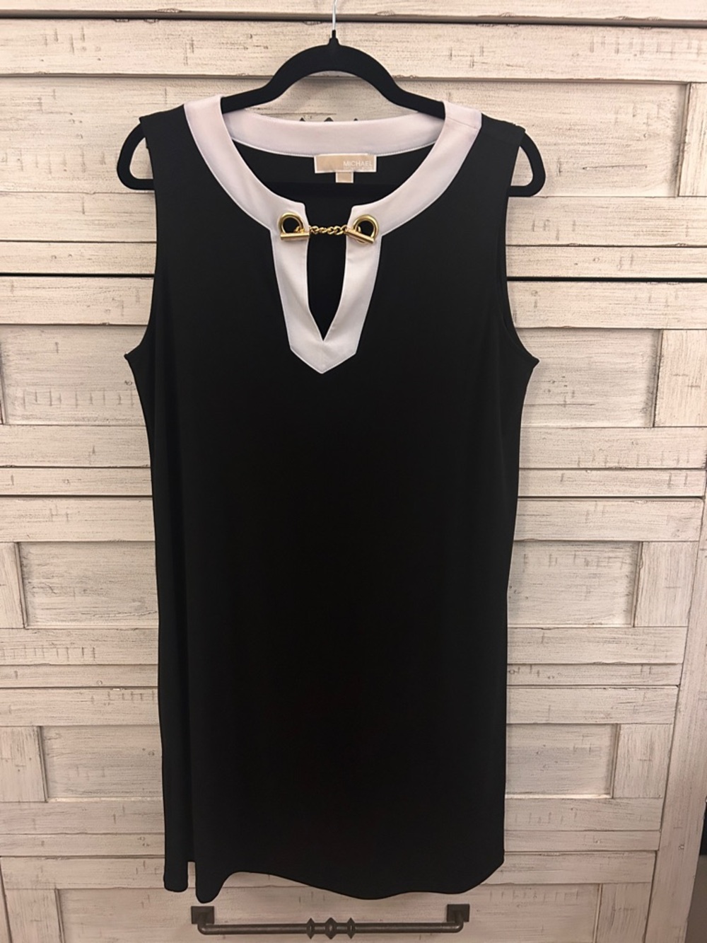 Michael Kors Black Shift Dress with White Trim and Gold Chain
